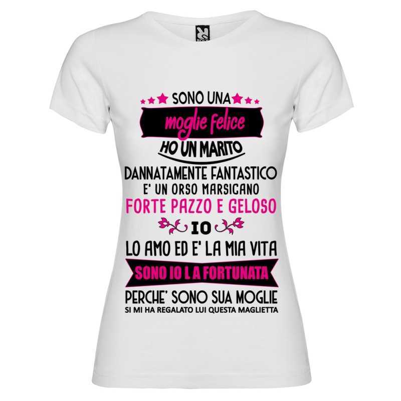 T-SHIRT PERSONALIZZATA DONNA MOGLIE FELICE ORSO MARSICANO COLORE BIANCO T-SHIRT PERSONALIZZATA DONNA MOGLIE FELICE ORSO MARSICANO COLORE BIANCO