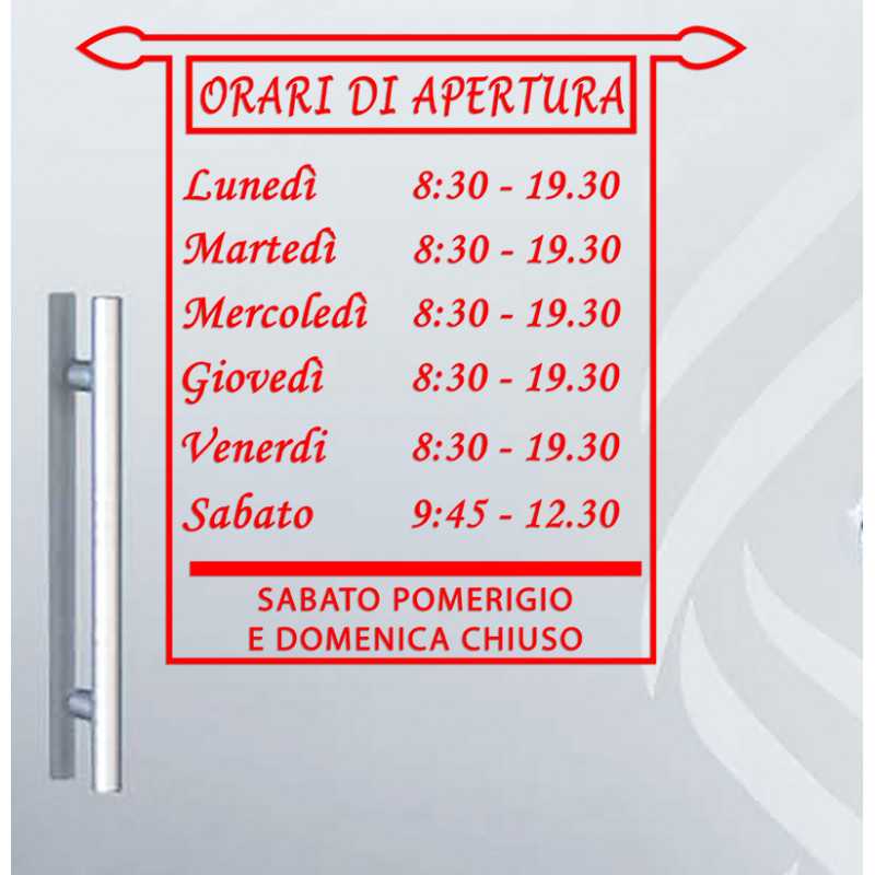 ADESIVO NEGOZIO VETRINA ORARI DI APERTURA VINILE PALIO ROSSO ADESIVO NEGOZIO VETRINA ORARI DI APERTURA VINILE PALIO ROSSO
